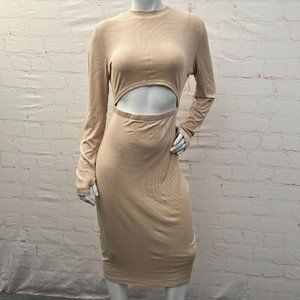 Women Long Sleeve Midi Bodycon Khaki Dress Casual CrewNeck Cut Out RibbedKnit XL